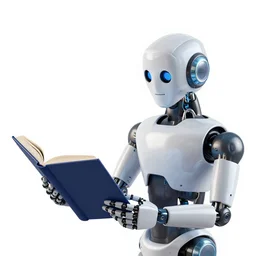 An illustration of a robot teaching from a book, white background, website hero image, corporate memphis style