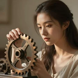A beautiful girl makes bronze gear, 50mm photo, soft light, extremely high details, motion blur