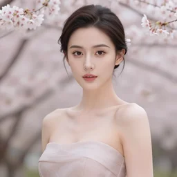 photo of a gorgeous female, professionally retouched, soft lighting, realistic, smooth face, full body shot, torso, dress, perfect eyes, sharp focus on eyes, 8 k, high definition, insanely detailed, intricate, elegant, art by artgerm and j scott campbell, cherry blossoms