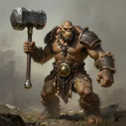 ogre tribal warrior, wielding a giant warhammer, full body concept, warhammer orc, beksinski, edward hopper art
