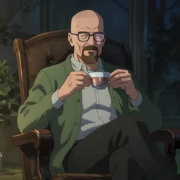 nighttime, a beautiful anime walter white enjoying a cup of tea while sitting in a reclining chair, anime, extreme detail, photorealism, octane render, cinematic lighting