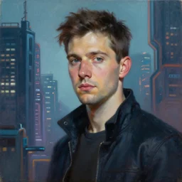 realist portrait in a cyberpunk city by Daniel F. Gerhartz, hyperrealistic oil painting, 4k, studio lightning