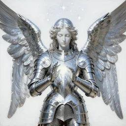 highdetailed hyperrealistic painting by jan van eyck of a silver angel in silver armor made of unearthly plastic material with a white beautiful face without a gender appeared with light in his hands and told of miracles, with many sparkles above his head, stars all around and a white bright background!!, 4 k hd face!!!, big silver high detailed wings!!!, renaissance, holography space, glow effect, large strokes