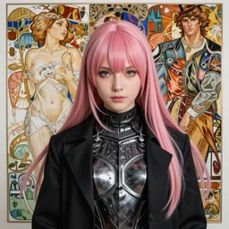 masterpiece head and shoulders portrait of a female kazuto kirigaya kirito, young woman with pink long hair and bangs and wearing a long black coat breast - armor showing through, face, fantasy, intricate, elegant, highly detailed drawn by donato giancola and fernanda suarez and artem demura, face by artgerm and edmund leighton, alphonse mucha, background by james jean and gustav klimt, 4 k, porcelain skin, komorebi, french nouveau, trending on pixiv, octane render, hyperrealistic