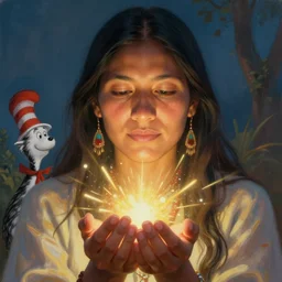 a beautiful closeup portrait of an indigenous female shaman receiving particles of loving light energy, god rays, matte painting, designed by dr seuss and michal karcz, by christophe vacher