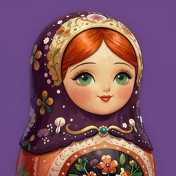 portrait of a beautiful smiling matryoshka with orange hair and freckles, green eyes, intricate, elegant. highly detailed, digital painting, artstation, concept art, smooth, sharp, focus, illustration. background is purple, art by artgerm and Ross Tran