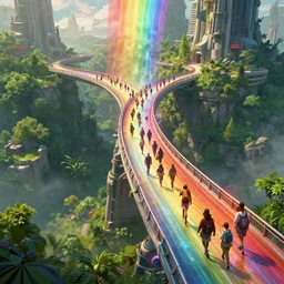 incredible, refugees crossing a mindblowingly beautiful rainbow bridge, energy pulsing, matte painting, artstation, solarpunk metropolis, cgsociety, dramatic lighting, vibrant greenery, concept art, octane render, arnold 3 d render