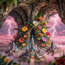 an ultra - realistic massive volume cave : 5, ; bright coloured natural flowers and ferns : 1 ; miniature tiny futuristic city : 3 ; endless plain with pink lightning clouds : 2, highly symmetrical, balanced, octane render hd, 4 k, ultra - realistic, in unreal engine, trending on artstation, concept art