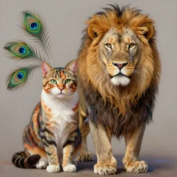 hybrid animal mix between colorful tabby cat and lion with long flowing colorful mane with peacock feathers, detailed 4 k painting