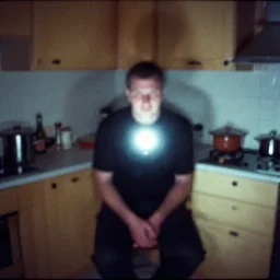 a glowing man sitting in a stalinist style kitchen, by mini dv camera, very very low quality, heavy grain, very blurry, accidental flash, webcam footage, found footage, security cam, caught on trail cam