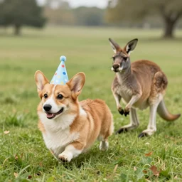A photo of corgi in a field, wearing a party hat while he is being chased by a kangaroo.