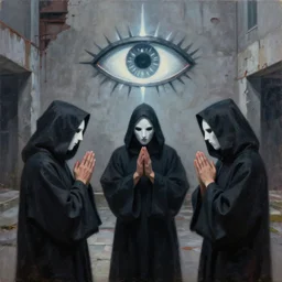 three hooded disciples in purge masks, gathered in a brutalist courtyard, praying to an electric eye monument, by PJ Crook, oil on canvas