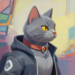 Portrait painting an anthropomorphic Gray cat wearing a jacket and a collar, as an Overwatch character, medium shot, asymmetrical, profile picture, Organic Painting, sunny day, Matte Painting, bold shapes, hard edges, street art, trending on artstation, by Huang Guangjian and Gil Elvgren and Sachin Teng