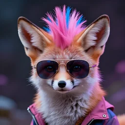 Fennec fox, pink and blue mohawk hairstyle, aviator sunglasses, synthwave style, portrait, artstation, detailed, award winning, furry, dramatic lighting