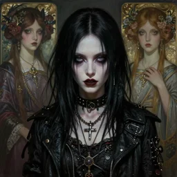 portrait painting of an androgynous witch with shoulder length black hair pale skin and beautiful eyes wearing badass punk clothes, ultra realistic, concept art, intricate details, eerie, highly detailed, photorealistic, octane render, 8 k, unreal engine. art by artgerm and greg rutkowski and magali villeneuve and alphonse mucha