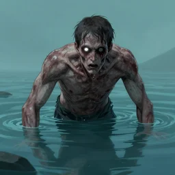 a creepy drowned man crawling out of the water, white eyes, slimy, veiny skin, muscles, standing in shallow water, drowned, unsettling, creepy, artstation, cgsociety, illustration