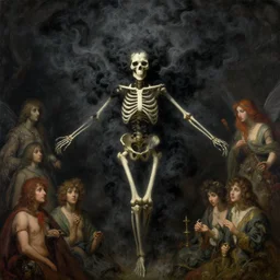 fairy skeleton from heaven is covered with black smoke, a painting by john harris, barlowe wayne, maxfield parrish, gustave dore and marco mazzoni. hyper detailed.