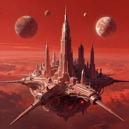 detailed concept art of a fantastic space city, tiny human on a planet with multiple little moons against a breathtaking sky, by syd mead, by noah bradley, fantasy art, octane, by simon stalenhag, red colour scheme