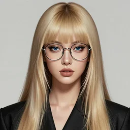 award winning digital portrait of a beautiful woman in her 2 0 ’ s with long blonde hair and a fringe and dark blue eyes, wearing large round very thin - rimmed glasses, modern edgy clothes, dark blonde color very long hair with fringe, intricate, elegant, sharp focus, digital illustration, highly detailed, octane render, digital painting, matte, art by ruan jia and greg rutkowski and sachin teng and professional artist, masterpiece