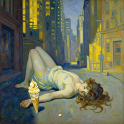 ice cream spirit lost in a metropolis. this art noveau painting by the award - winning artist has dramatic lighting, an interesting color scheme.