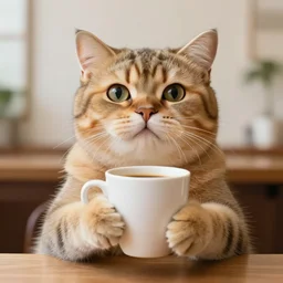 photo of an anthropomorphic cat holding a coffee cup with his paws, wide angle, highly - detailed realistic