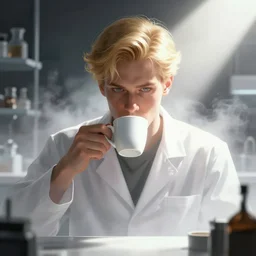 a beautiful artwork illustration, concept art sketch of a portrait of a blonde man drinking coffee in a laboratory, volumetric fog, godrays, high contrast, high contrast, high contrast, vibrant colors, vivid colors, high saturation, by Greg Rutkowski and Jesper Ejsing and Raymond Swanland and alena aenami, featured on artstation, wide angle, vertical orientation