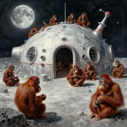 a soviet style moon base inhabited by trained orangutans in the style of social realism