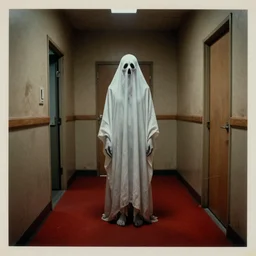 Creepy pale ghost in dirty motel room, red carpet | 70's scratched photo | Aesthetics of Silent Hill game