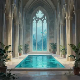clean neat clarity professional visual development set design, large gothic hall, sparse plants, dim painterly lighting volumetric aquatics, impasto, trending on pixiv