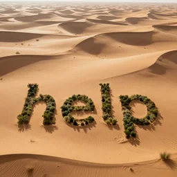birds eye view of a desert with the word help made out of trees and floor