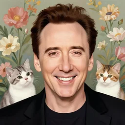 portrait study of smiling, loving nicholas cage with floral background, flowers kittens cats, by karol bak, artgerm, moebius, elena masci, tom bagshaw, giuseppe arcimboldo, android jones : : portrait, illustration, photorealism, hyperrealism, surrealism, negative space, intricate detail, line work