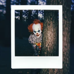 eerie polaroid of a creepy clown peaking out from behind a tree in a forest at dusk