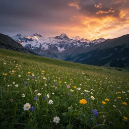 Beautiful alpine meadow with flowers and snowy peaks in the background during sunset, photo-realistic, dramatic colors, 4k