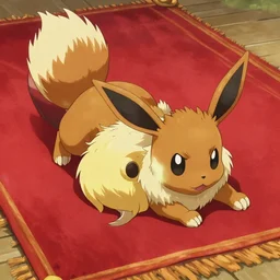 An Eevee fox lying on a red carpet, poster art by Ken Sugimori, featured on Pixiv, furry art, anime aesthetic, poster art, 2d