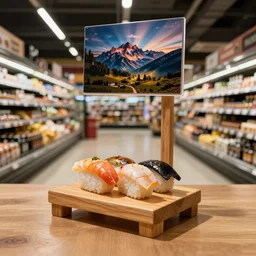 A small wooden stand selling sushi stands in a large supermarket that sells groceries, cinematic lighting, commercial photography