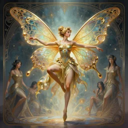 dancing fairy with butterfly wings, intricate, d & d, powerful, fantasy, art nouveau, digital painting, trending on artstation, sharp focus, wide shot, illustration, global illumination, ray tracing, art by artgerm and greg rutkowski and ruan jia and peter polach