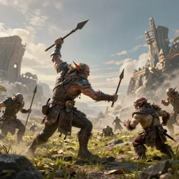 goblin throwing a spear and at an ent, dungeons and dragons, fantasy, octane render, highly detailed, artstation, 8 k, cinematic