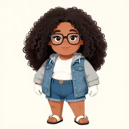 A beautiful curvy woman with #E0A37A skin color, south east asian with long, puffy, afro hair, half-frame square glasses, light grey hoodie opened, white T-Shirt, white gloves, denim jacket, birkenstock sandals, cartoon style, character art