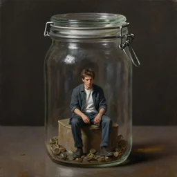 a tiny realistic looking man sitting inside a jar. beautiful detailed dramatic painting by artgerm and magali villanueve and michael whelan