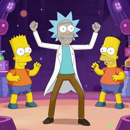 rick and morty dancing at a rave party with bart and homer simpson, ultrarealistic, weird comic art, 16K 3D, crying engine