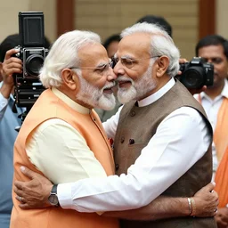 Narendra Modi hugging Narendra Modi, photographed by Bharat Sikka on a large format film camera, 8K,