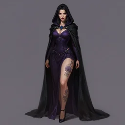 Fantasy portrait, Necromancer, female, beautiful face, dark garments, dark pruple robes, midriff, Black cloak from neck to ankles, flowers leg tattoos, pin-up, shapely derriere, matte painting, by WLOP, artstation