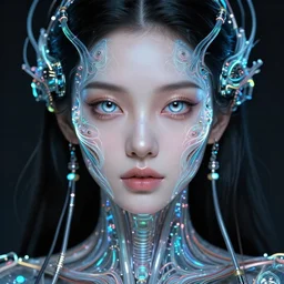 very beautiful woman, bionic pupils!, full face frontal centered, portrait, detailed intricate symmetrical ornate neon cables connected to head, clear lips, luxurious long hair, sophisticated neon wiring and implants like jewlery, translucent!, porcelain, fractal, sci fi, dramatic lighting, photography, highly detailed, artstation, deviantart, 8 k, by chie yoshii