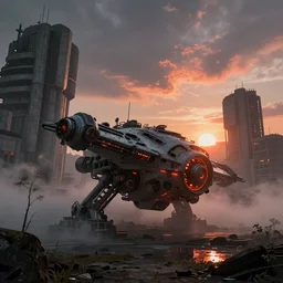 heavy mechanical starship with red and orange glow, by Ian McQue and Greg Rutkowski, dieselpunk, concrete brutalism buildings by le corbusier on the background, dark, foggy, puddles of water, woods, sunrise, stunning skies, high quality, volumetric lighting, cryengine