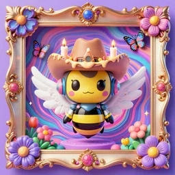 maximalist baroque frames cover a maximalist decora 3 d render of chibi cyborg bee demon by ichiro tanida wearing a big cowboy hat covered with melting candles and wearing angel wings against a psychedelic swirly background with 3 d butterflies and 3 d flowers n the style of 1 9 9 0's cg graphics 3 d rendered y 2 k aesthetic by ichiro tanida, 3 do magazine