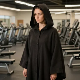 a woman in a hooded cloak, in a planet fitness, color photograph, by jan van eyck, canon eos c 3 0 0, ƒ 1. 8, 3 5 mm, 8 k, medium - format print