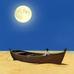 a boat floating on top of the sand under a full moon, a storybook illustration by cyril rolando, vladimir kush and goro fujita, deviantart, fantasy art, storybook illustration, matte drawing, matte painting