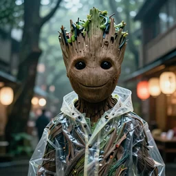 Cinestill 50d, 8K, highly detailed, guardians of the galaxy style 3/4 extreme closeup portrait, eye contact, focus on clear transparent raincoat groot model, tilt shift zaha hadid style forest background: famous blade runner remake, tokyo izakaya scene