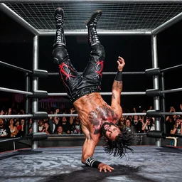 Mick Foley doing an elbow drop onto Satan, off of a steel cage set in hell, realistic, 4k