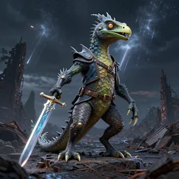 a reptile bird chimera hybrid with claws fangs bristles wearing surreal clothes wielding the magical sword excalibur, on a dark ruined alien world during a meteor storm, in the style of boris vellejo, julie bell, leng jun, fantasy, science fiction, 3 d sculpture octane render 8 k
